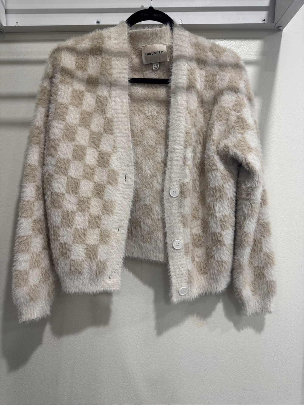 Industry Beige Checkered Fuzzy Cardigan Sweater